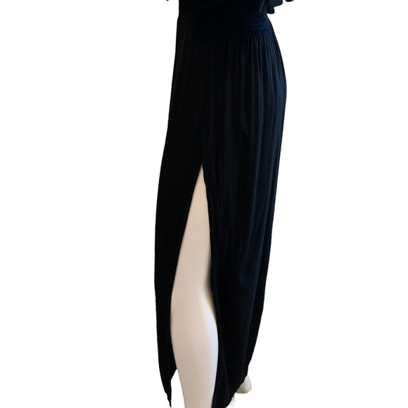 Indah Black Rayon Maxi Dress Elastic Smocked Waist High Side Slits sz XS - Picture 6 of 10